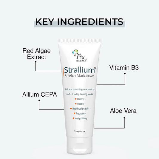 Strallium stretch mark cream with key ingredients labeled on a white background