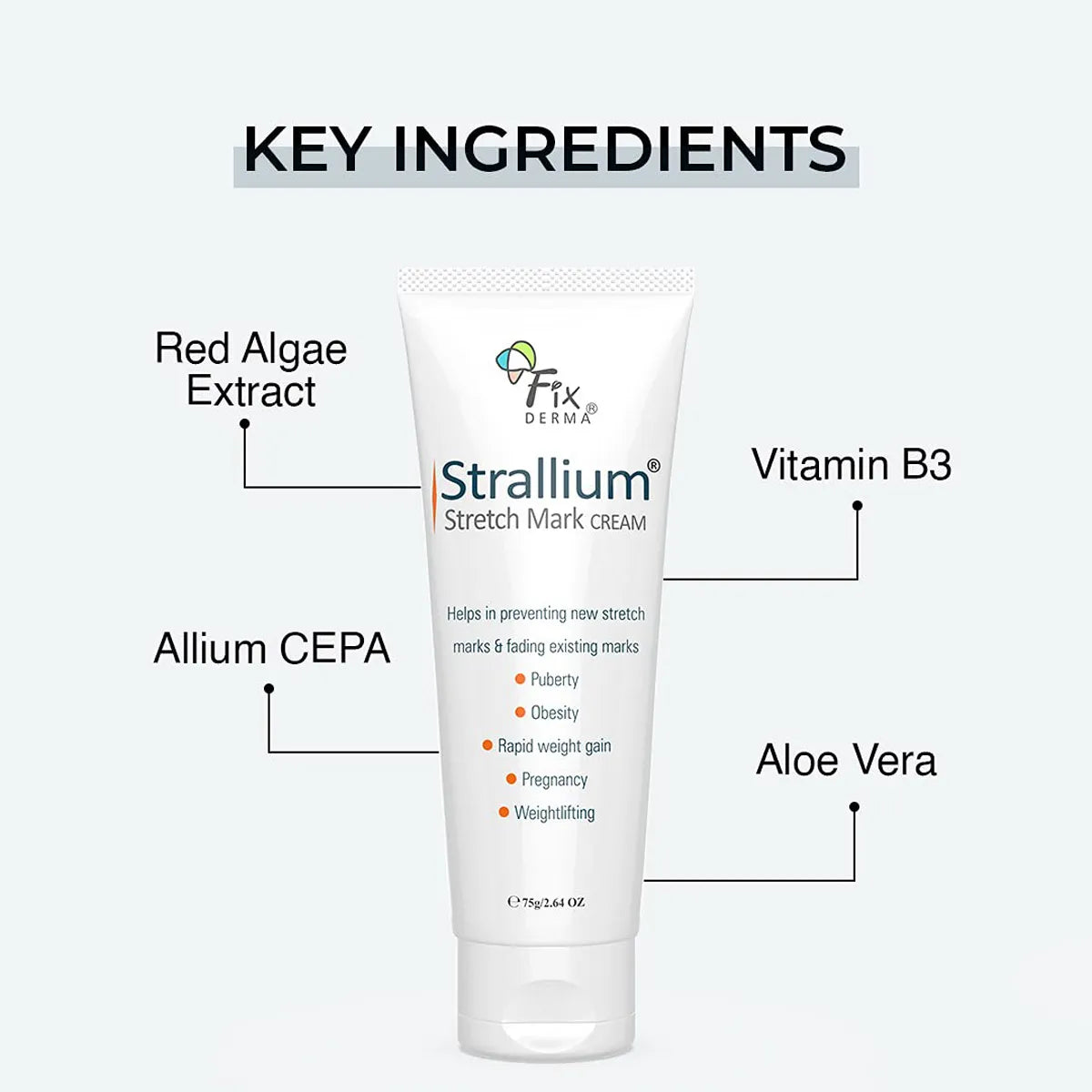 Strallium stretch mark cream with key ingredients labeled on a white background