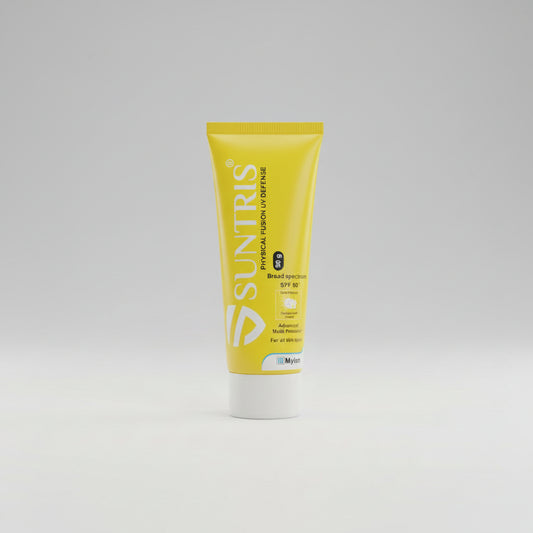 A yellow tube of Suntris Brazilian Sunscreen SPF 50+ with a white cap, standing upright on a light gray background.