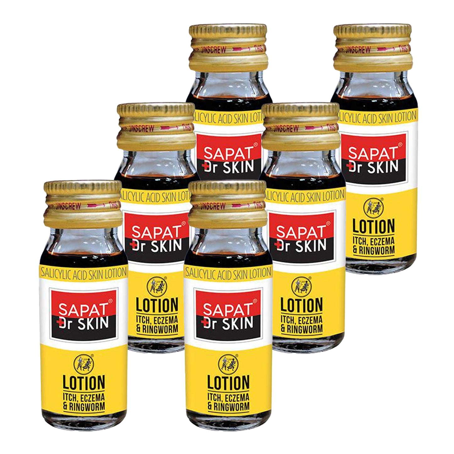 A pack of six Sapat Dr Skin lotion and cream containers, with yellow and red labeling.