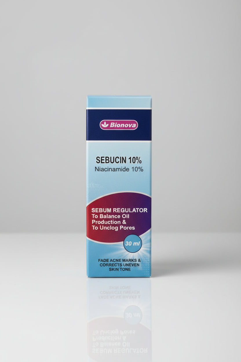 Packaging for Bionova Sebucin 10% Niacinamide, which is a sebum regulator for balancing oil production and unclogging pores, in a 30ml bottle.
