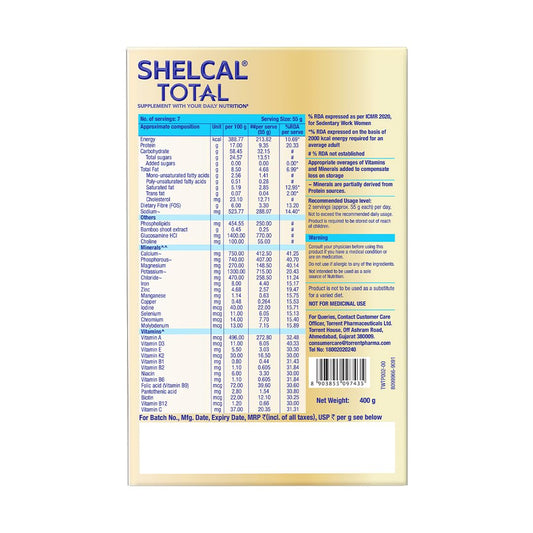 Shelcal Total Vanilla Flavour Powered by Protein, Multi-Vitamin, Multi-Mineral & Prebiotic supports Bone, Joint & Muscle Health, 400gm