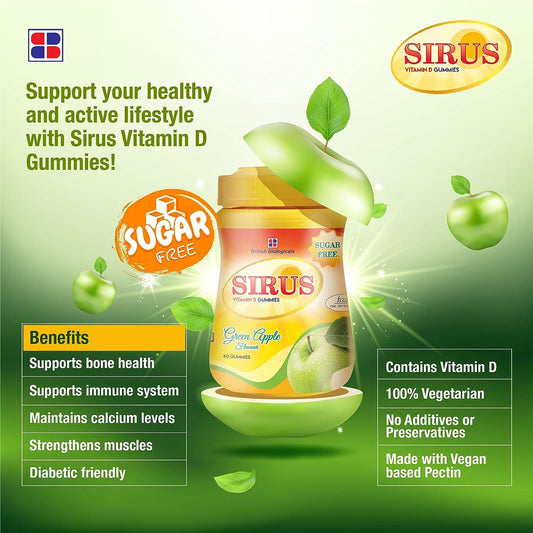 Sirus Vitamin D Sugar Free Green Apple Flavour, 60 Gummies