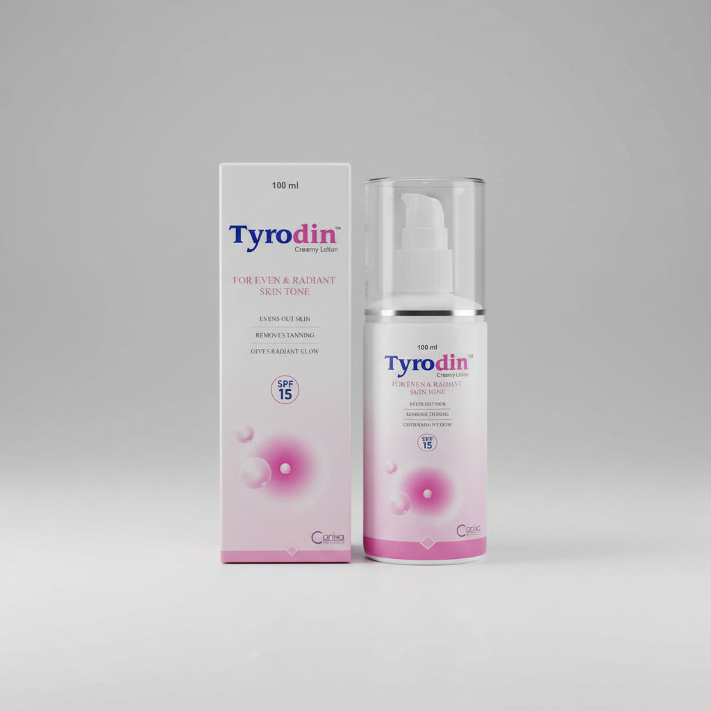 Tyrodin Creamy Lotion packaging and bottle. The packaging is predominantly white with pink and blue text, and an image of a pink lotion bottle with a pump.