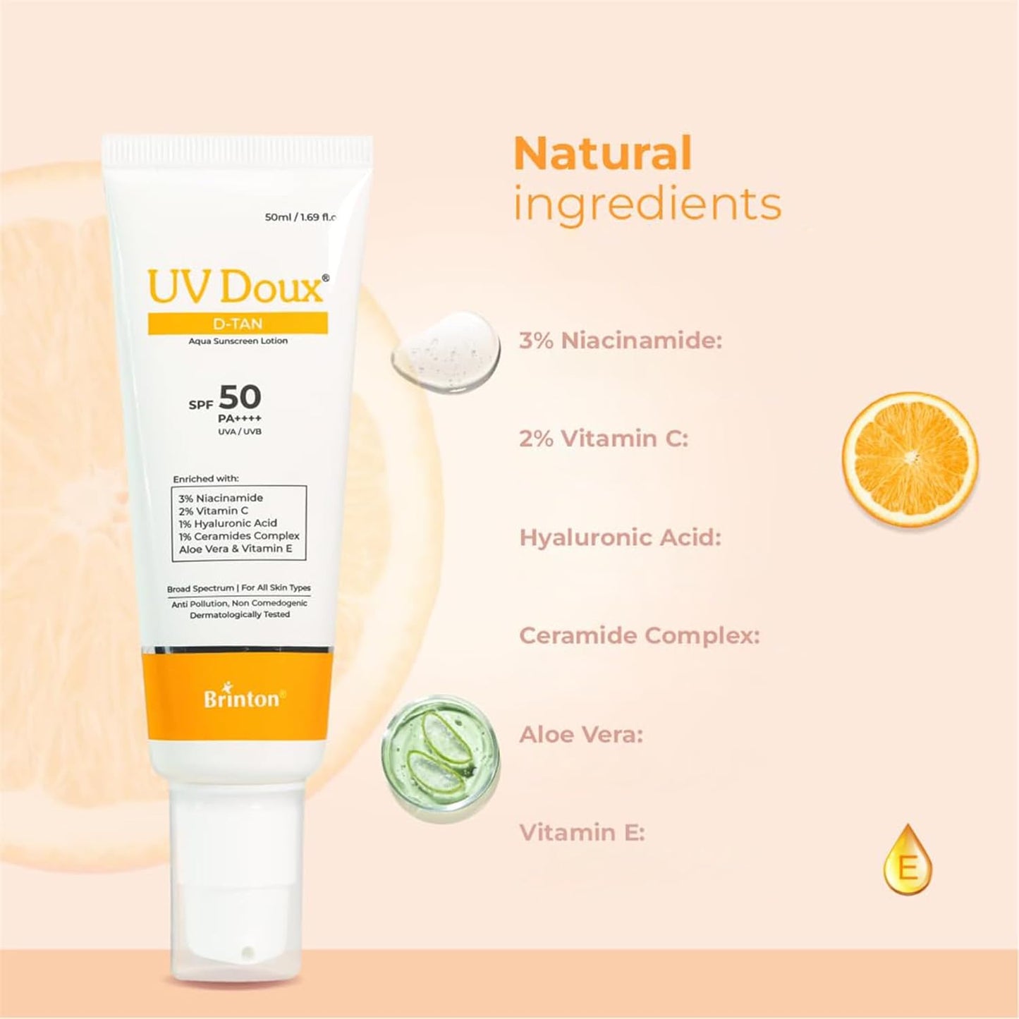 UV Doux D-Tan Aqua Sunscreen Lotion SPF 50 PA++++ with Niacinamide & Vitamin C, 50ml