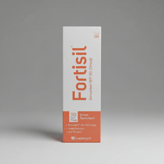 A tube of Fortisil Tinted Sunscreen with SPF50+ protection, 50gm size, predominantly white packaging with red and blue text.