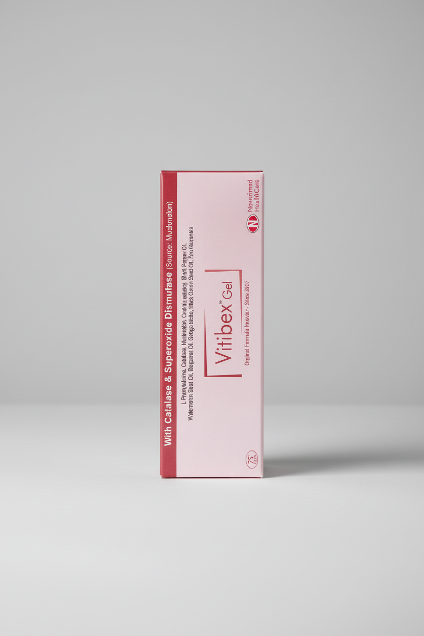 A box of Vitibex Gel, 30gm, with branding and packaging typical for over-the-counter medication.