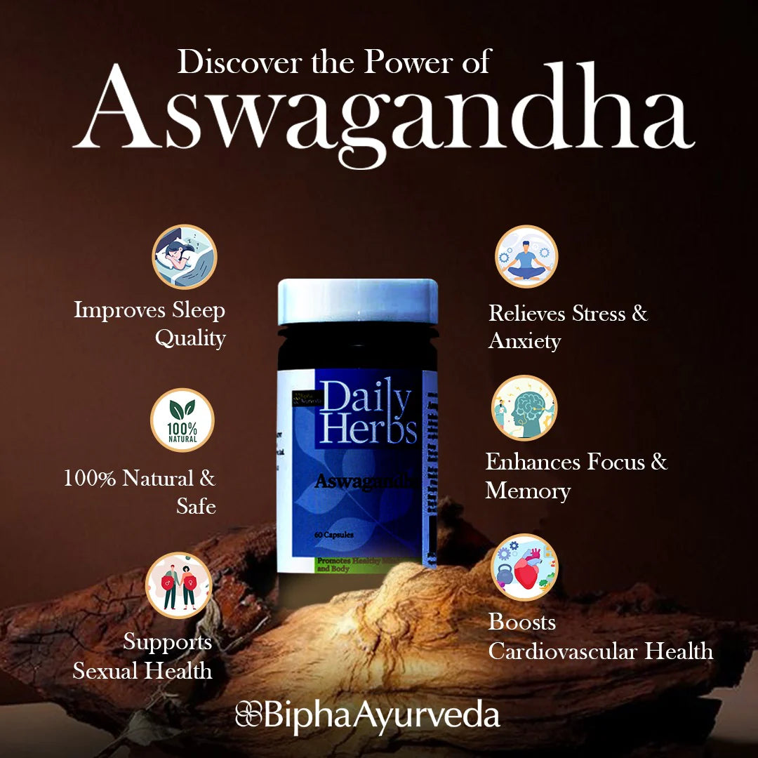 Promotional image of Daily Herbs Aswagandha supplement with benefits listed on a brown background.