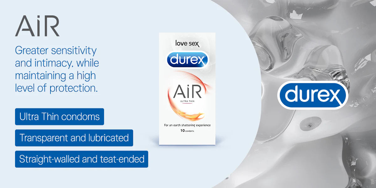 Durex Air condoms packaging with product details on a light blue background