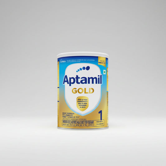 A tin of Aptamil Gold Stage 1 infant formula by Danone Nutricia, designed for infants from 0 to 6 months old.