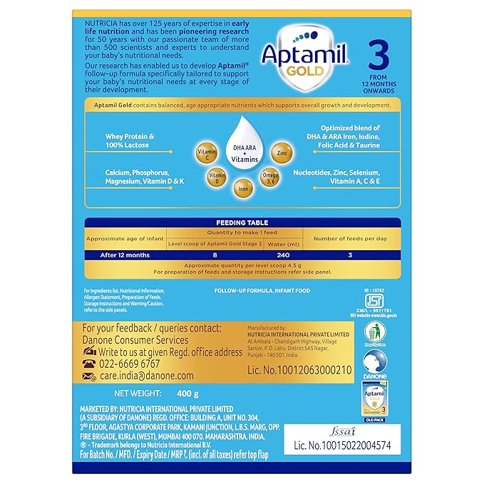 Aptamil Gold Stage 3 Follow Up Formula Refill Pack, 400gm