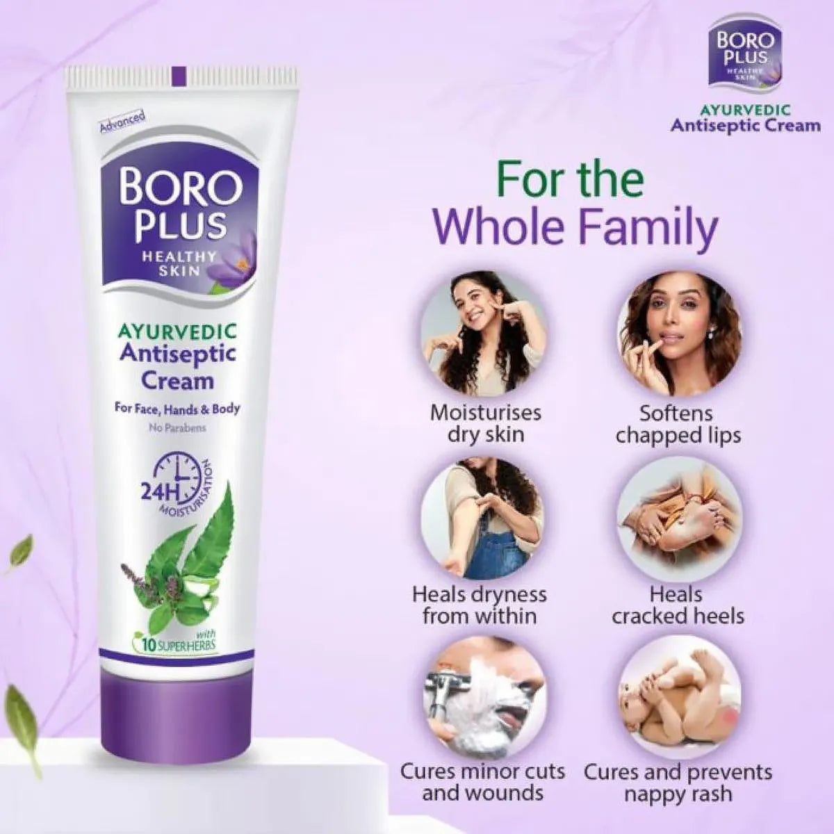 Boro Plus Ayurvedic Antiseptic Cream packaging with benefits on a purple background