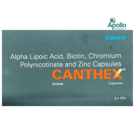 Box of CANTHEX capsules with Apollo Pharmacy branding on a white background