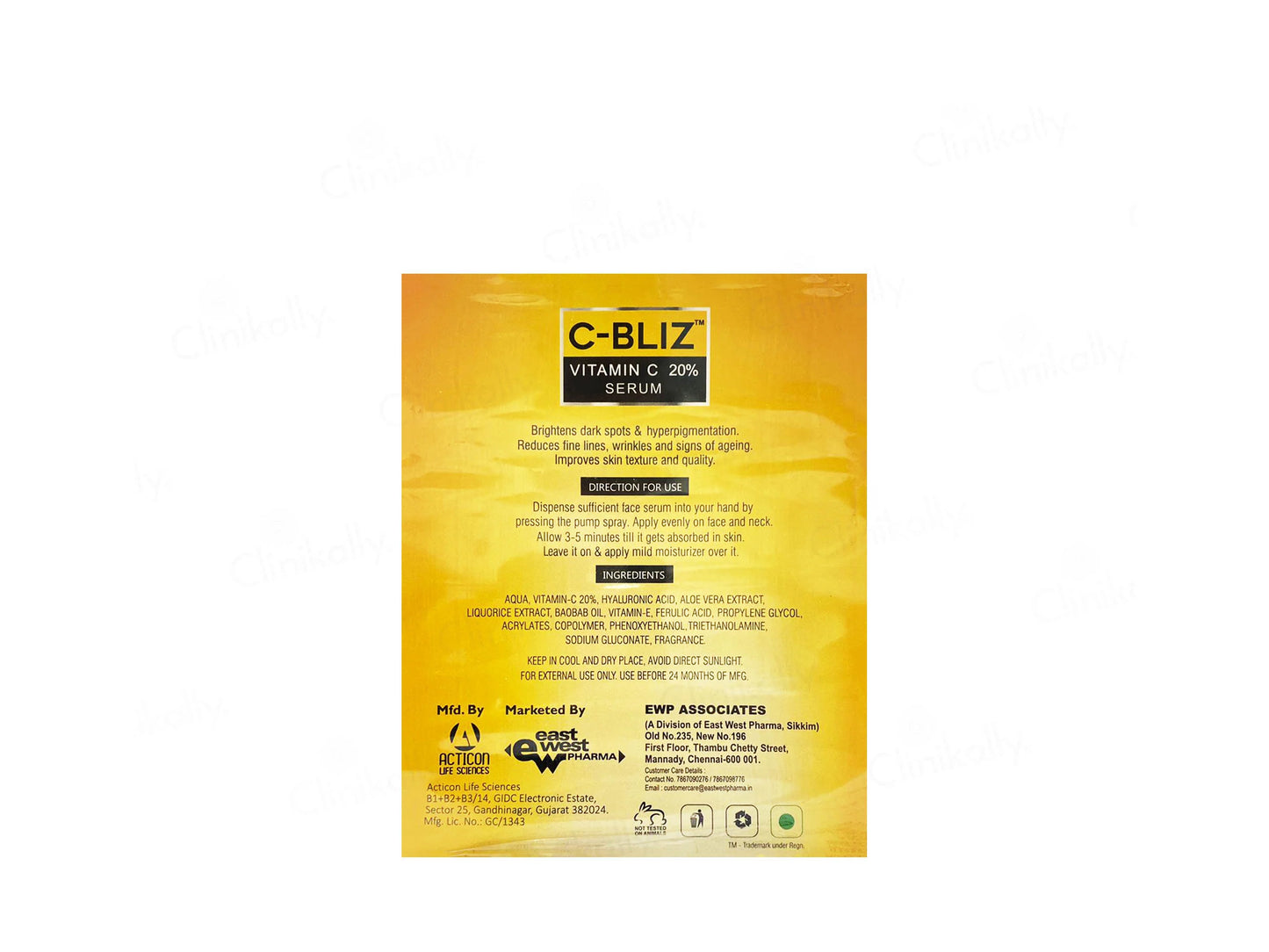 Yellow packaging of C-Bliz Vitamin C serum on a white background