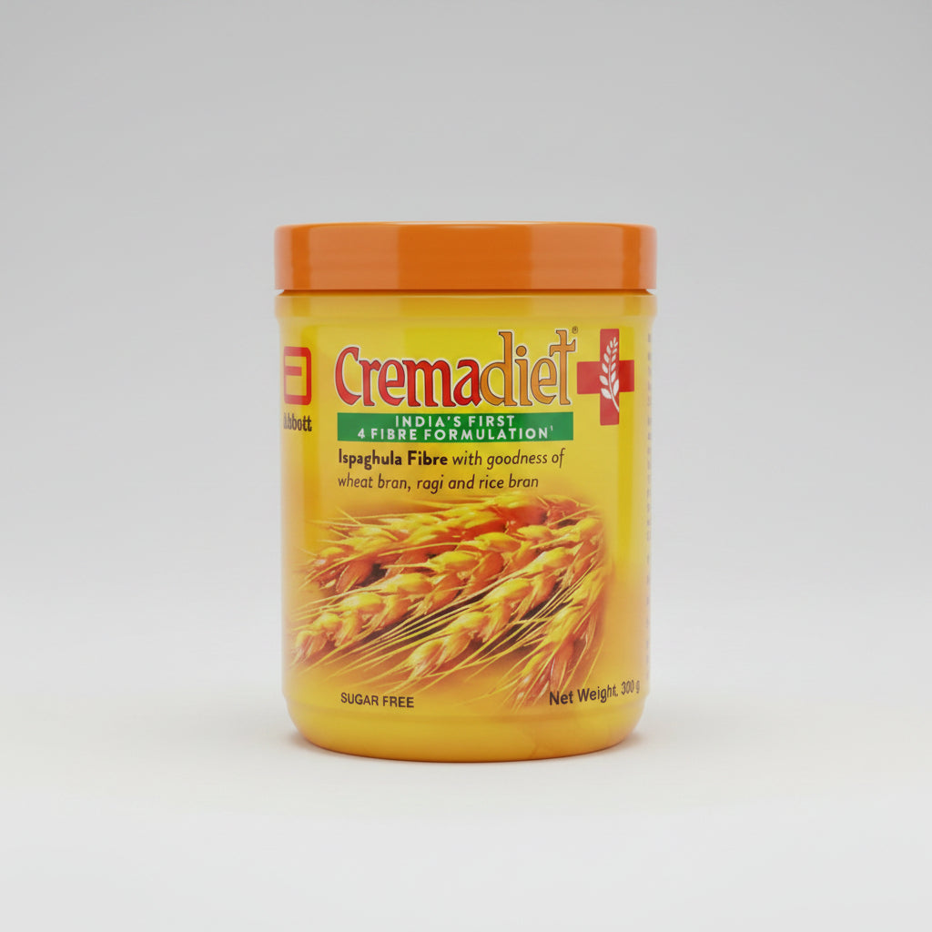 A 300g plastic tub of Cremadiet + Ispaghula Fibre, featuring a bright yellow label with an orange lid and wheat graphics.