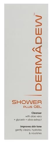 Dermâdew Shower Plus Gel Cleanser box packaging, featuring a light gray background with orange and black text.