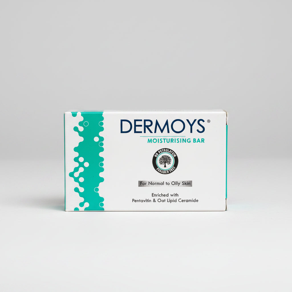Packaging of Dermoys Moisturising Bar Soap, indicating it is suitable for normal to oily skin, enriched with Pentavitin and Oat Lipid Ceramide.