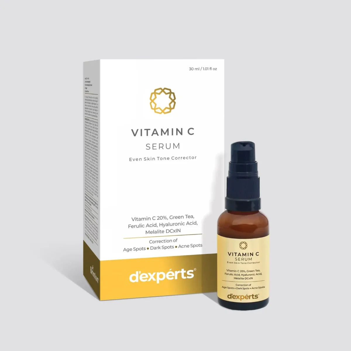 Vitamin C serum bottle and packaging on a white background. Dexperts vitamin C serum