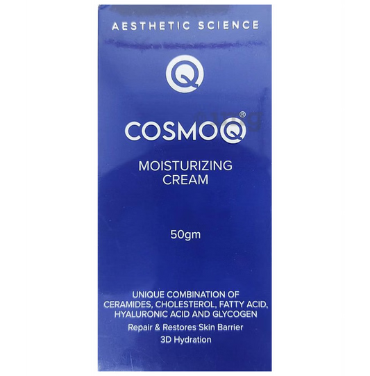 CosmoQ moisturizing cream packaging with blue background and white text.