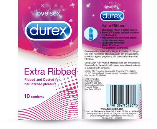 Durex Extra Ribbed condom packaging on a white background