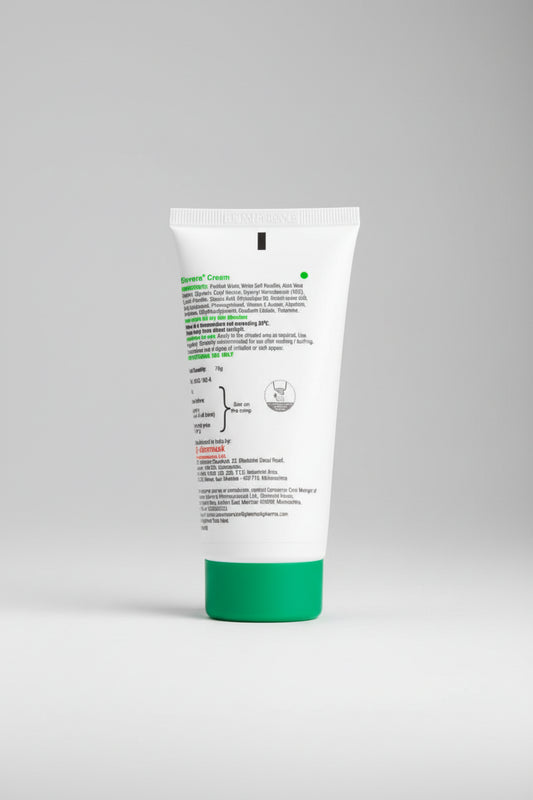 A squeeze tube of Severa Cream shown from the back, featuring a white body with green text, a green circular icon, and a green cap.