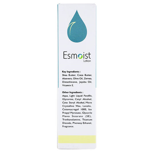 A tall, narrow white box for Esmoist Lotion stands upright against a light gray studio background. The front features a teal droplet logo above the product name, with a pale yellow stripe near the bottom.
