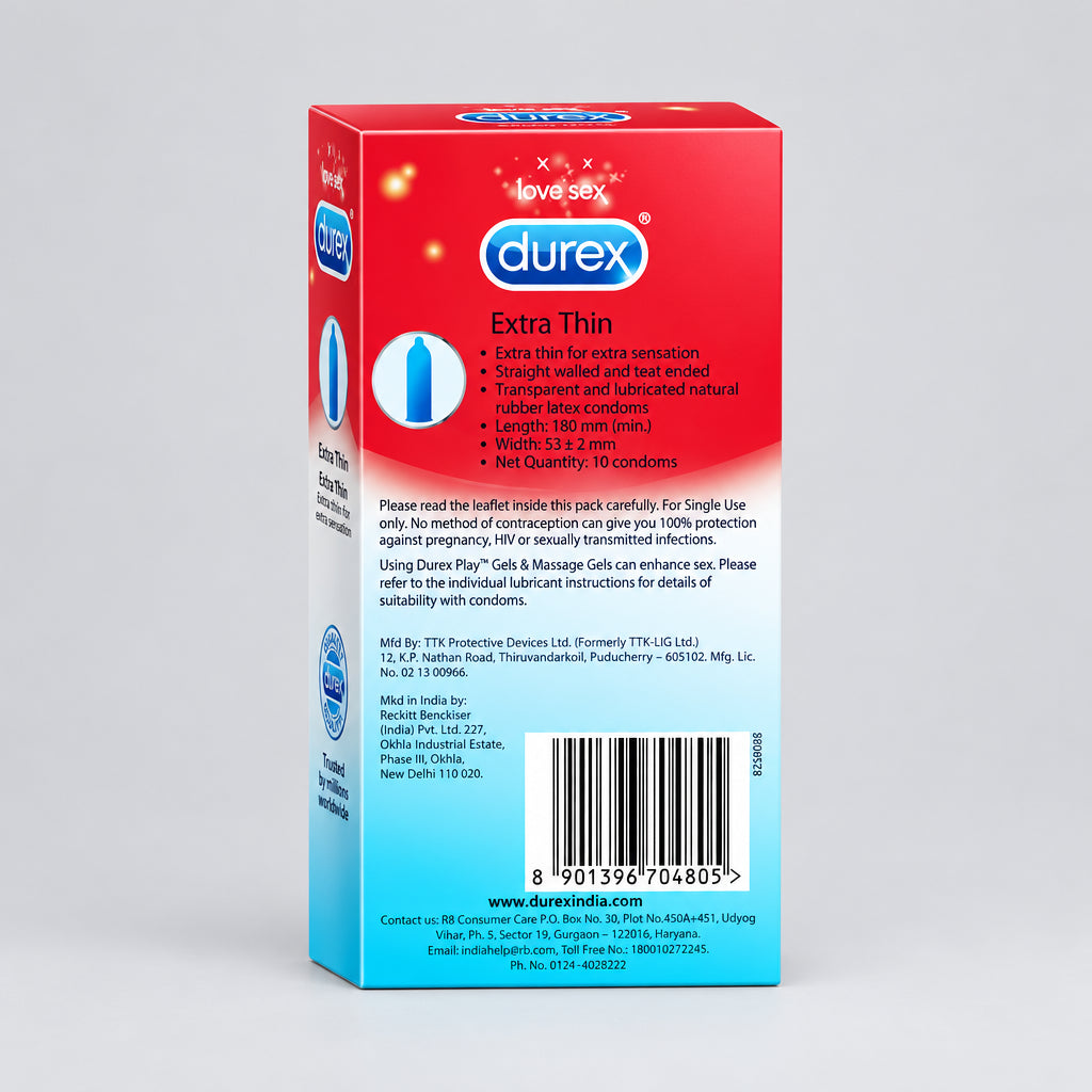 Durex Extra Thin condoms packaging on a red background