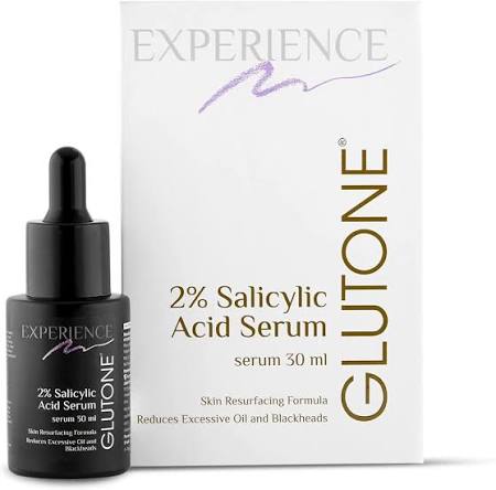 Experience Glutone 2% Salicylic Acid Serum shown with its black dropper bottle and white packaging box featuring gold and gray text.