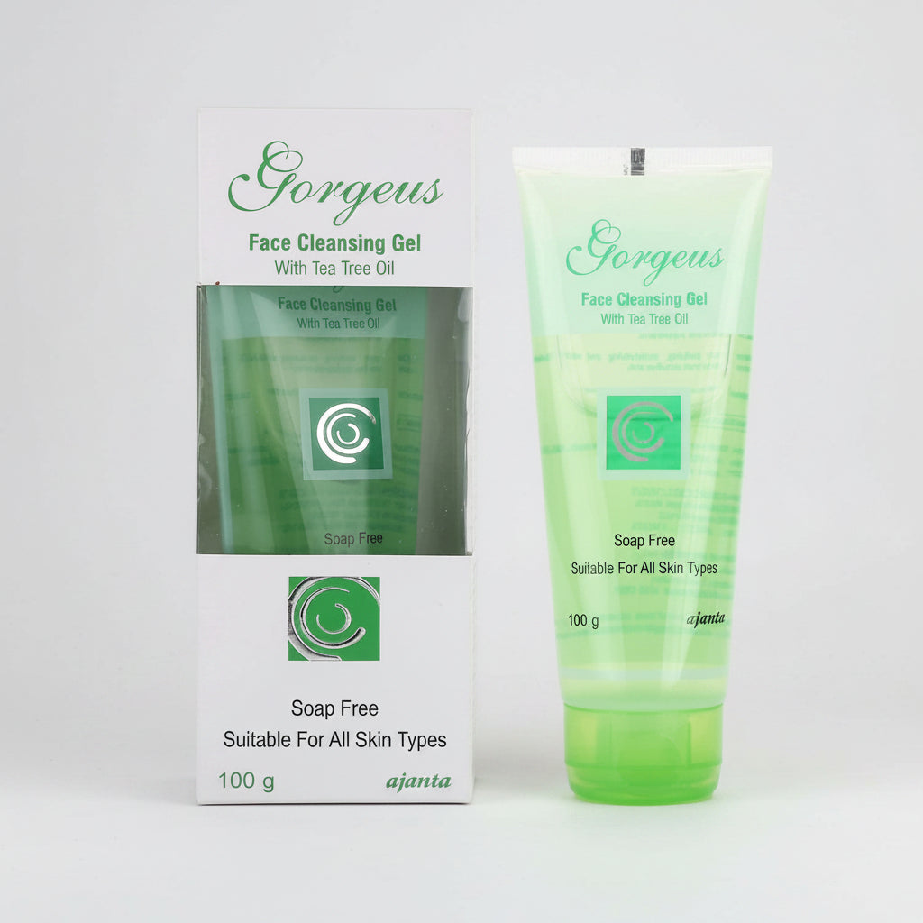 Packaging of Gorgeus Face Cleansing Gel, showing the box and tube with green color accents. The box has text indicating the product is soap free and suitable for all skin types, with a weight of 100 g.