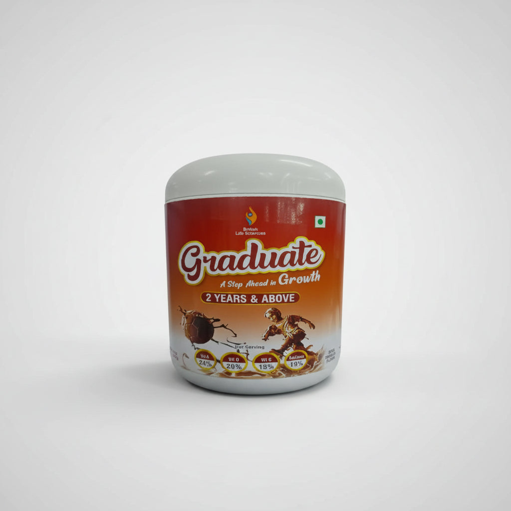 A container of Graduate Dutch Chocolate by British Life Sciences, featuring a graphic of a growing plant and a cartoon of a child, indicating it is a nutritional supplement for children.