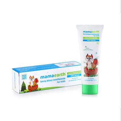 Mamaearth berry blast toothpaste for kids with packaging on a white background