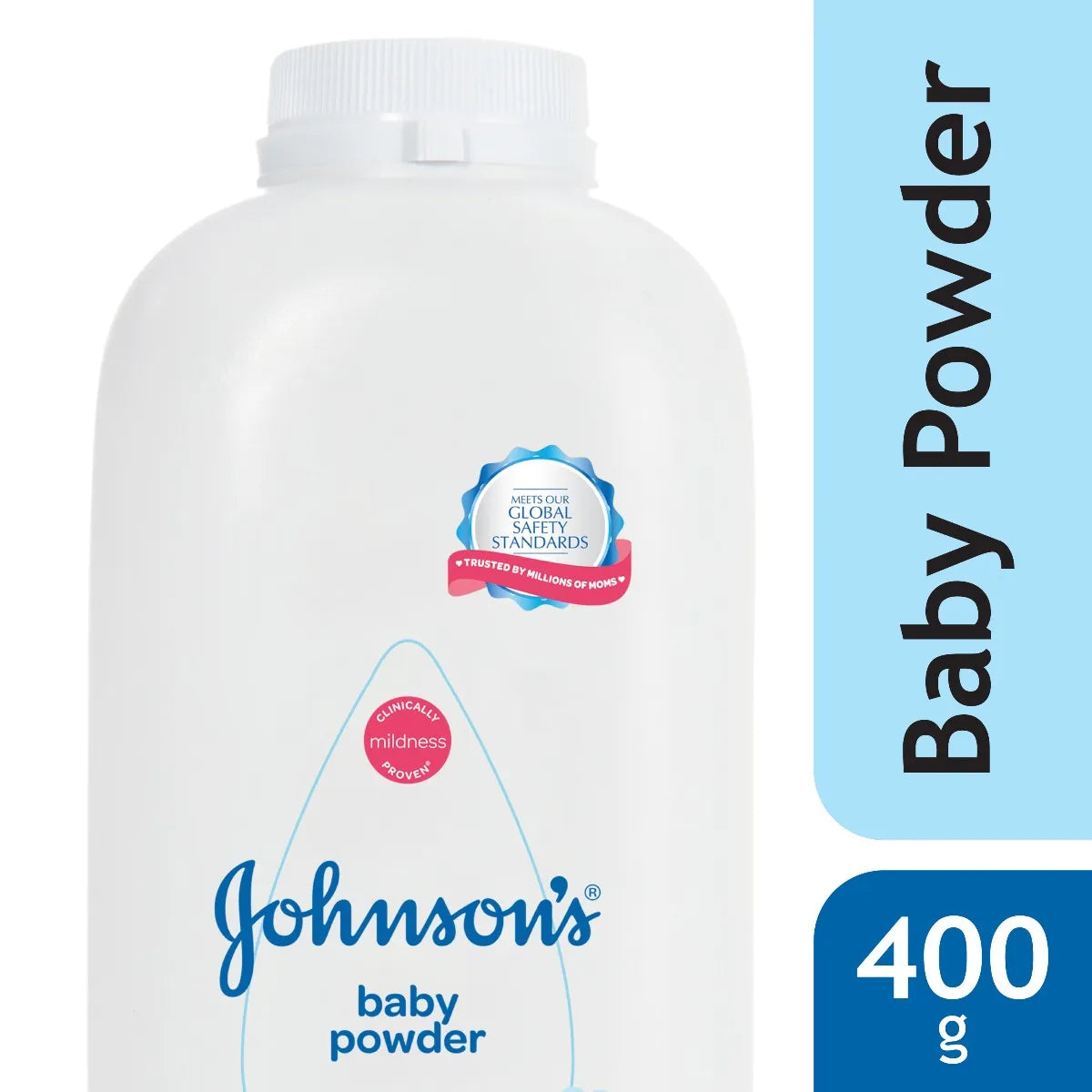 Johnson's baby powder bottle with label on a white background