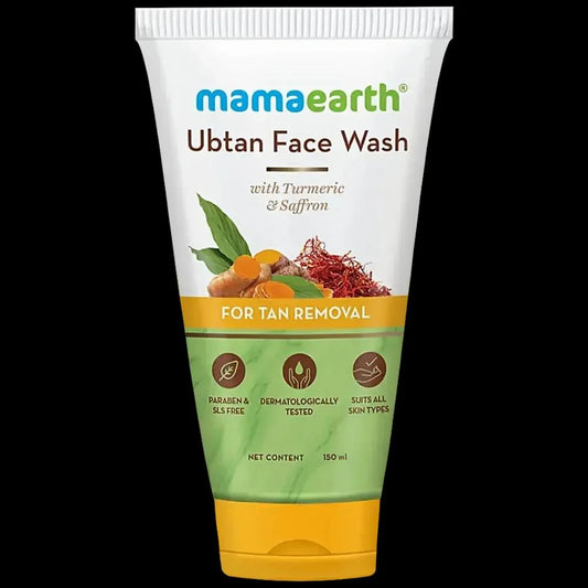 Mamaearth Ubtan Face Wash tube with ingredients on a white background