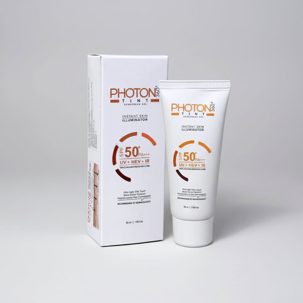 Photon Tint sunscreen gel with packaging on a white background