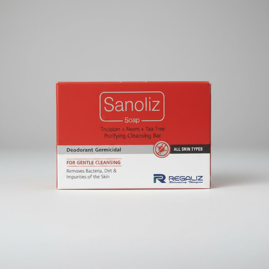 A packaged bar of Sanoliz Soap, with red and white color scheme and branding information visible.