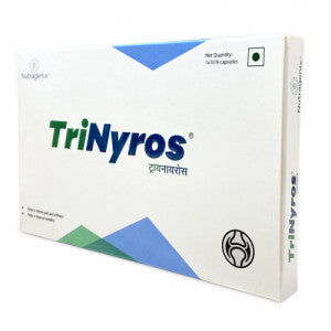 A box of Tri-Nyros, with the brand name and product description displayed. The packaging is predominantly white with blue and green accents.