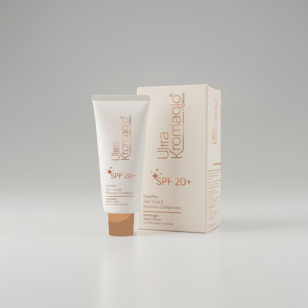 Ultra Kromaglo cream packaging with tube and box on a beige background
