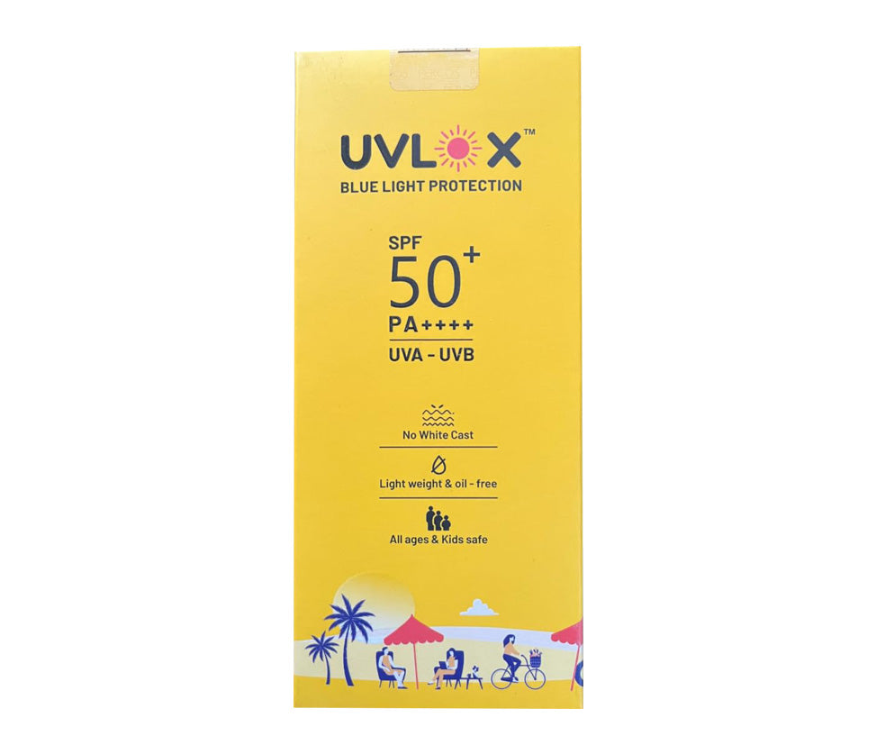 UVLOX sunscreen packaging with SPF 50+ on a white background