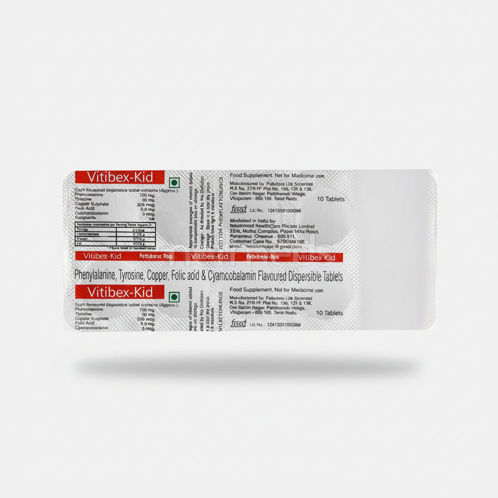 A box of Vitibex Kid medicine, showing the brand name, tablet form, and additional information regarding the product.