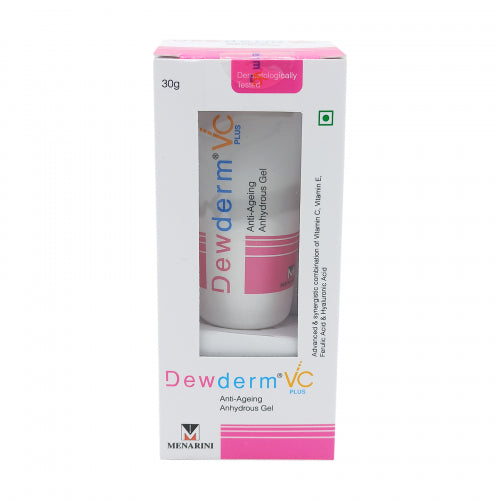 Packaging of Dewderm VC Plus, an anti-aging gel in a white tube with pink details, contained within a pink and white box.
