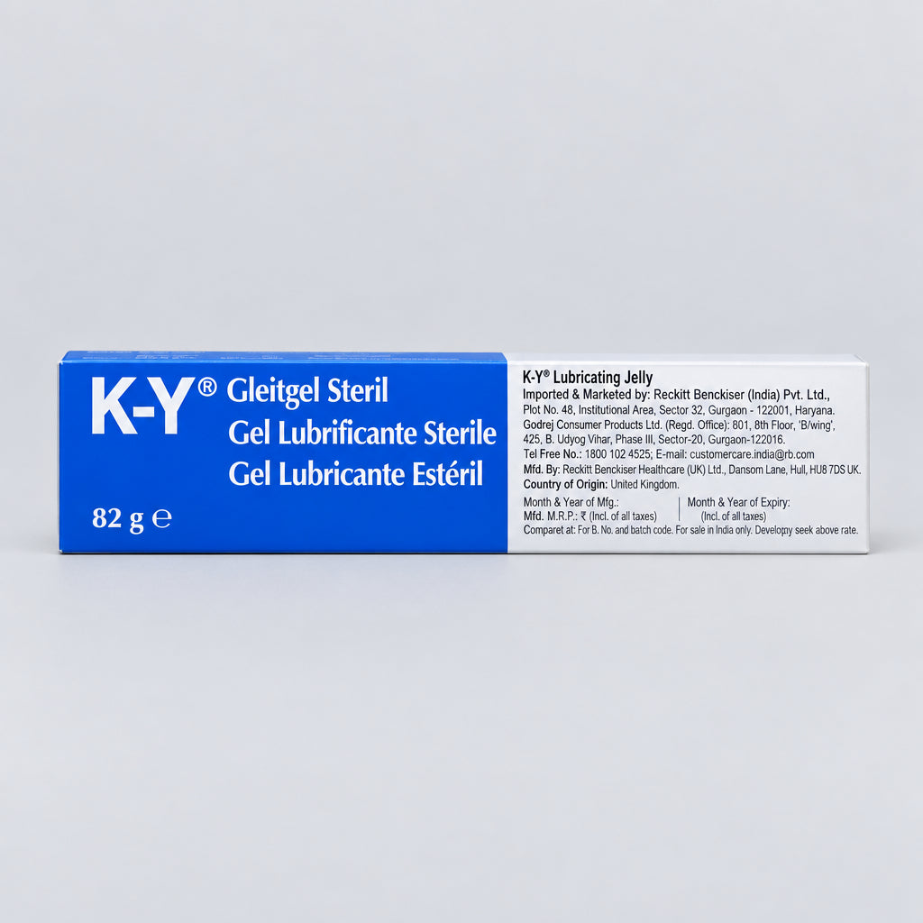 Packaging of KY Lubricating Jelly, 82gm size, with label and text information.