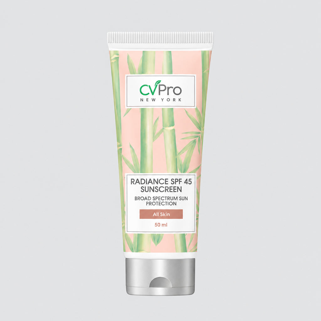 A tube and box of CVPro Radiance SPF 45 Sunscreen with bamboo-themed packaging.