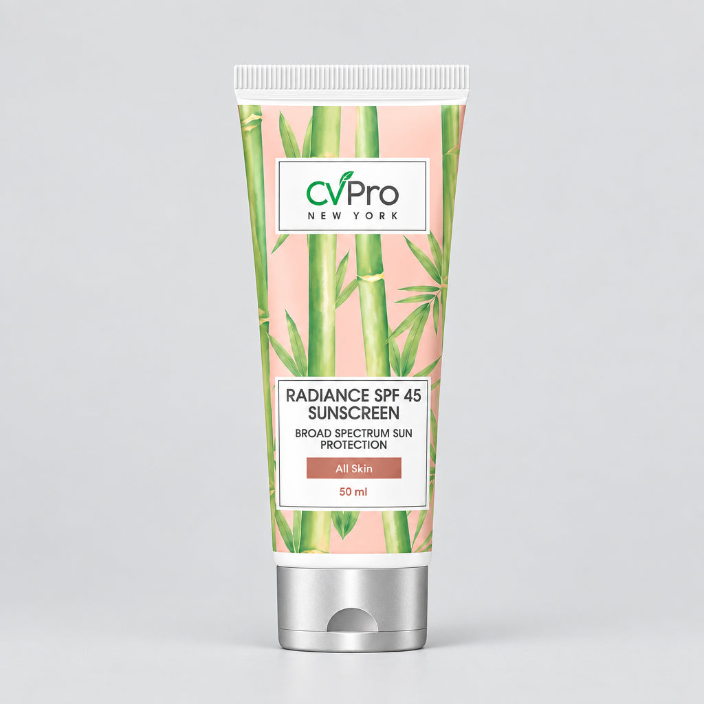 A tube and box of CVPro Radiance SPF 45 Sunscreen with bamboo-themed packaging.