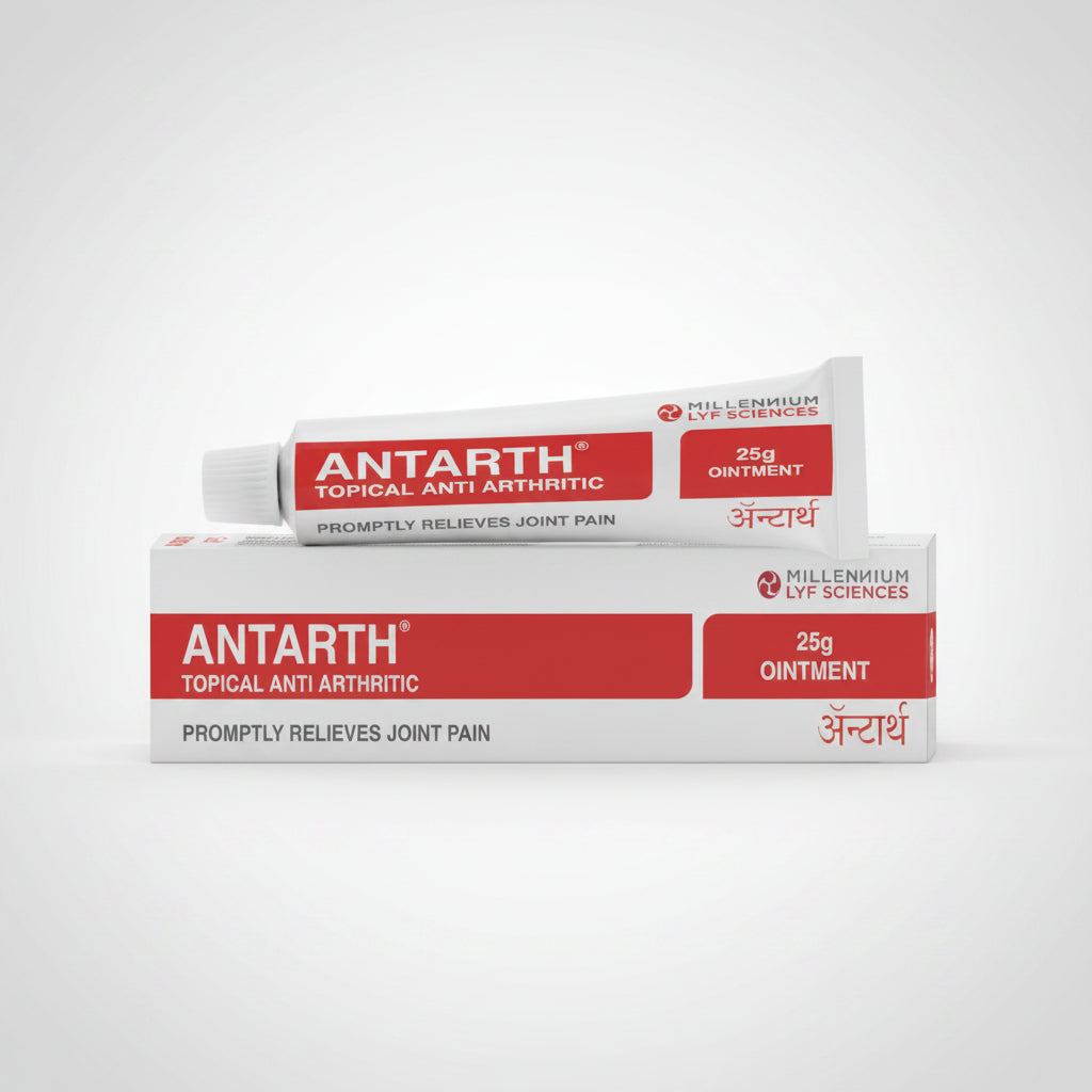 Packaging of Millennium Herbal Care Antarth Ointment, featuring a tube and box with red and white branding, labeled as 25g ointment for joint pain relief.