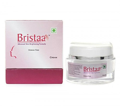 Bristaa Advanced Skin Brightening Formula cream in a white jar with a pink label, alongside its pink packaging box.