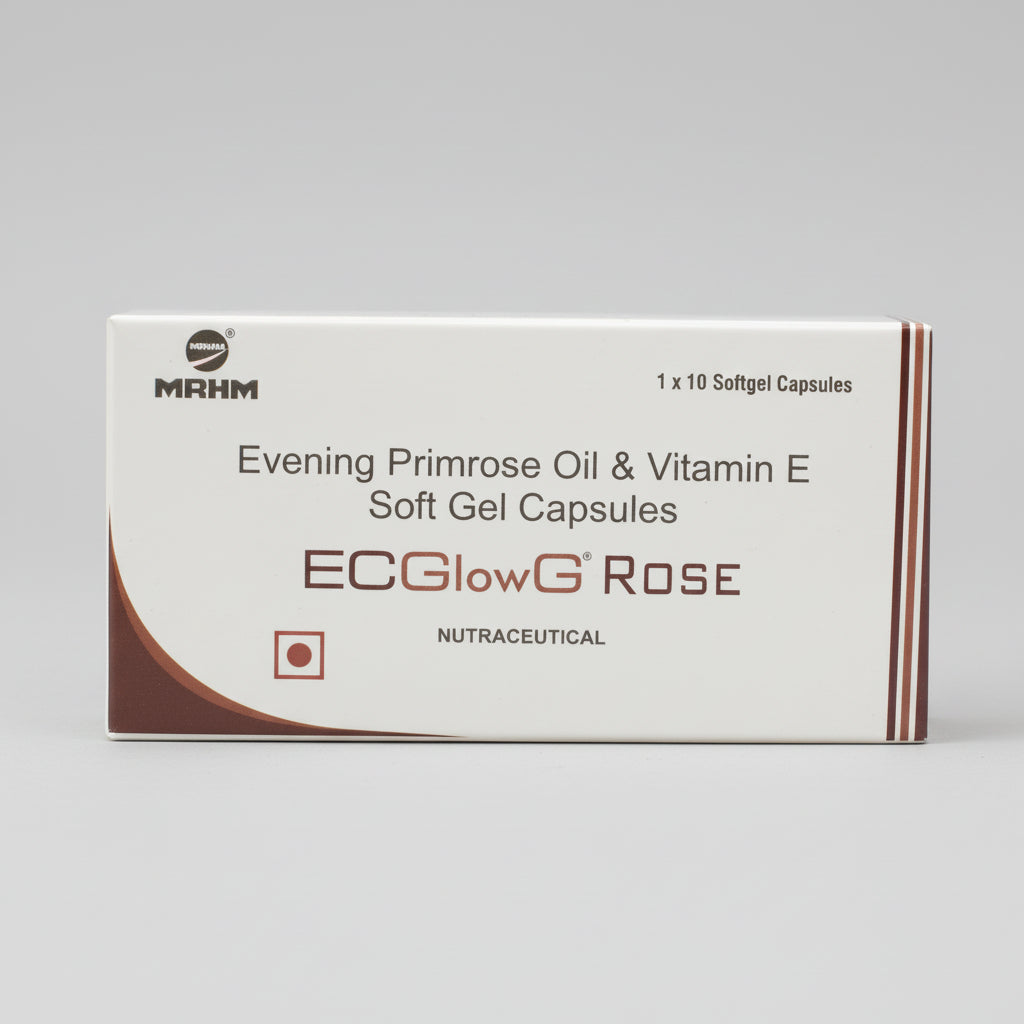 Box of Ecglow G Rose soft gel capsules by MRHM, with text indicating the product contains 10 soft gel capsules, evenings primrose oil and vitamin E, and is nutraceutical.