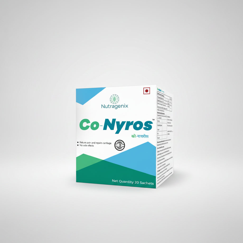 Packaging of Co-Nyros, which contains 20 sachets of dietary supplement powder for joint health.
