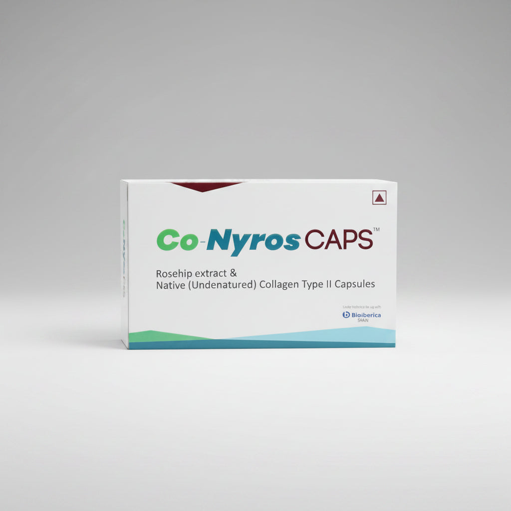 Packaging for Co-Nyros CAPS, featuring the brand name and the words 'ROSEHIP EXTRACT & NATIVE UNDERNATURED COLLAGEN TYPE II CAPSULLES' along with the Bioceria logo.