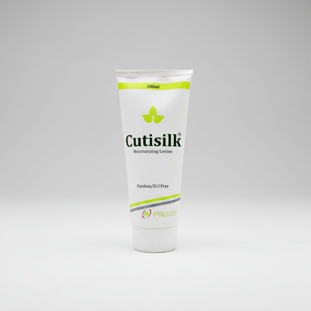 Cutisilk Moisturizing Lotion packaging, 200ml tube with green and white color scheme, highlighting key ingredients such as Aloe Vera and Olive Oil.