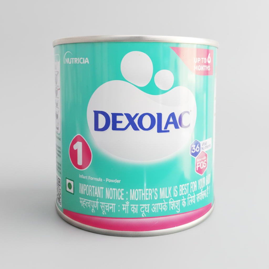 A tin of Dexolac 1 Infant Formula by Danone Nutricia, designed for infants from birth up to 6 months of age, with a 200gm quantity indication.